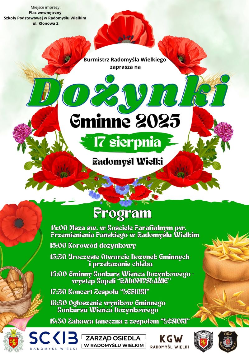 Plakat informujący o Dożynkach Gminnych w Radomyślu Wielkim w dniu 17 sierpnia.