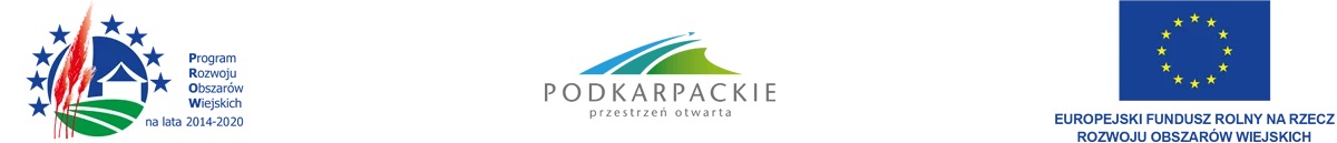 Logotypy Programu Rozwoju Obszarów Wiejskich na lata 2014–2020, Podkarpackie przestrzeń otwarta i Europejskiego Funduszu Rolnego na rzecz Rozwoju Obszarów Wiejskich.