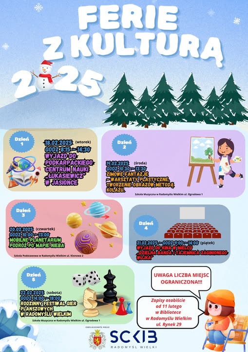 Plakat informujacy o zajeciach organizowanych przez SCKiB dla dzieci w czasie ferii zimowych.