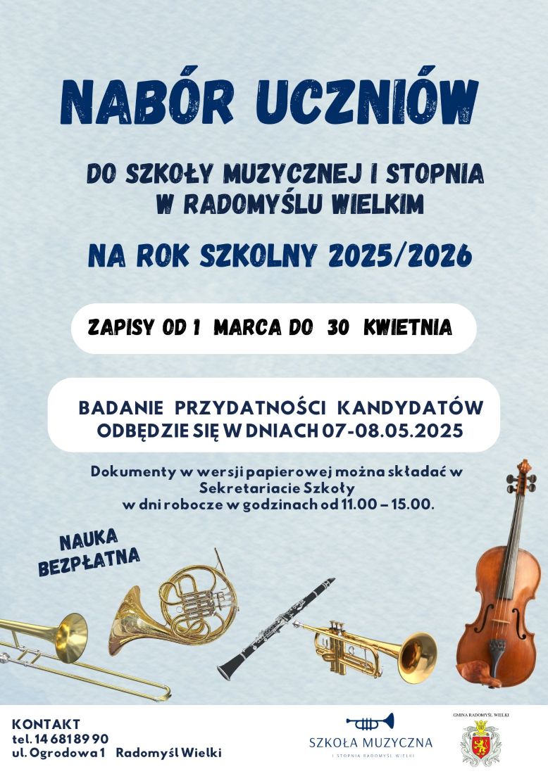 Informacja o naborze do Szkoły Muzycznej w Radomyślu Wielkim na rok szkolny 2025/26. 