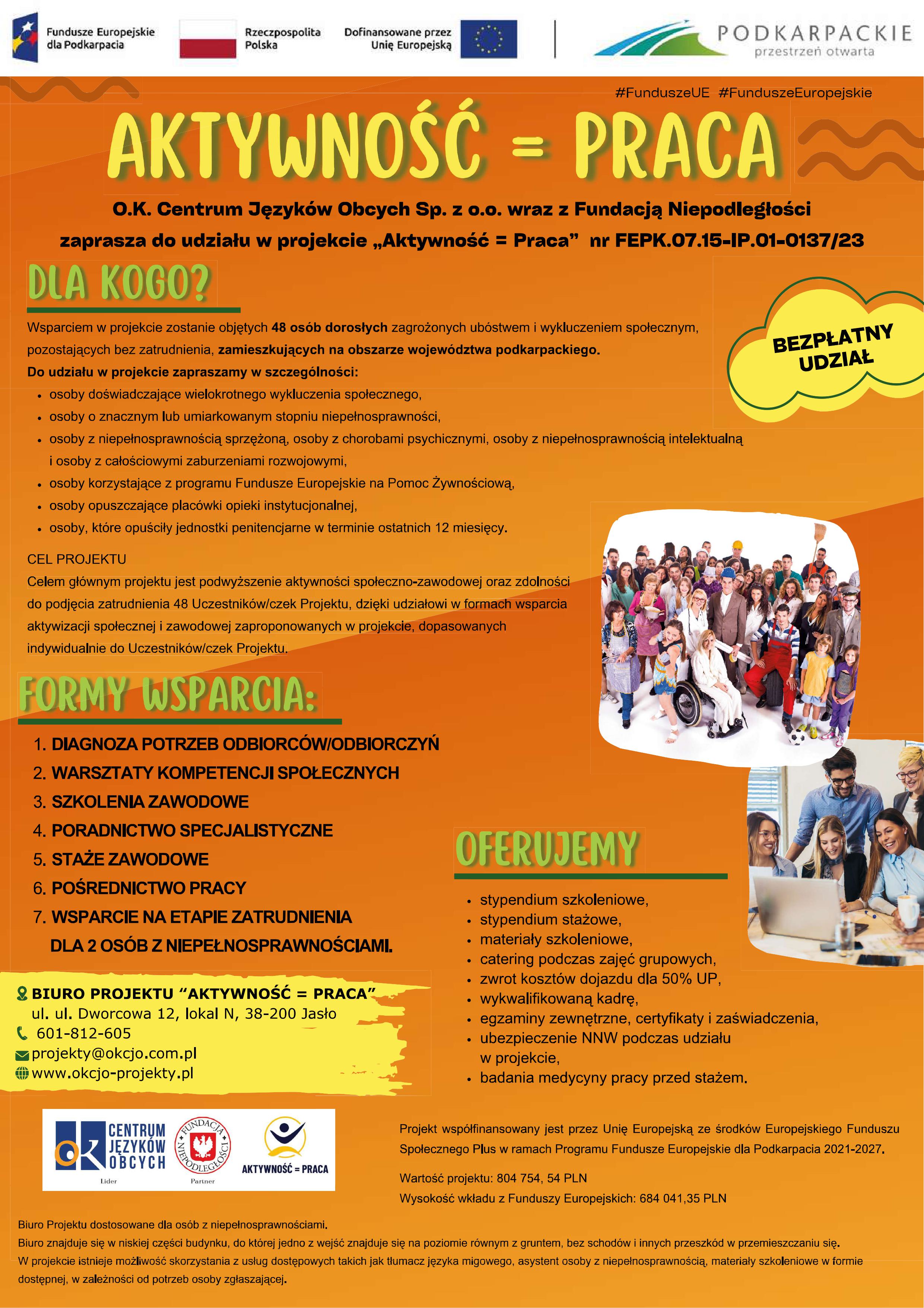 Plakat dotyczący projektu "Aktywność=Praca" opisujący dla kogo on jest, jakie są formy wsparcia oraz co oferują