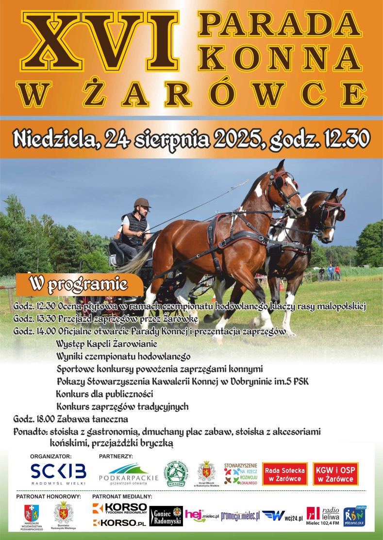 Plakat informujacy o XVI Paradzie Konnej w Żarówce