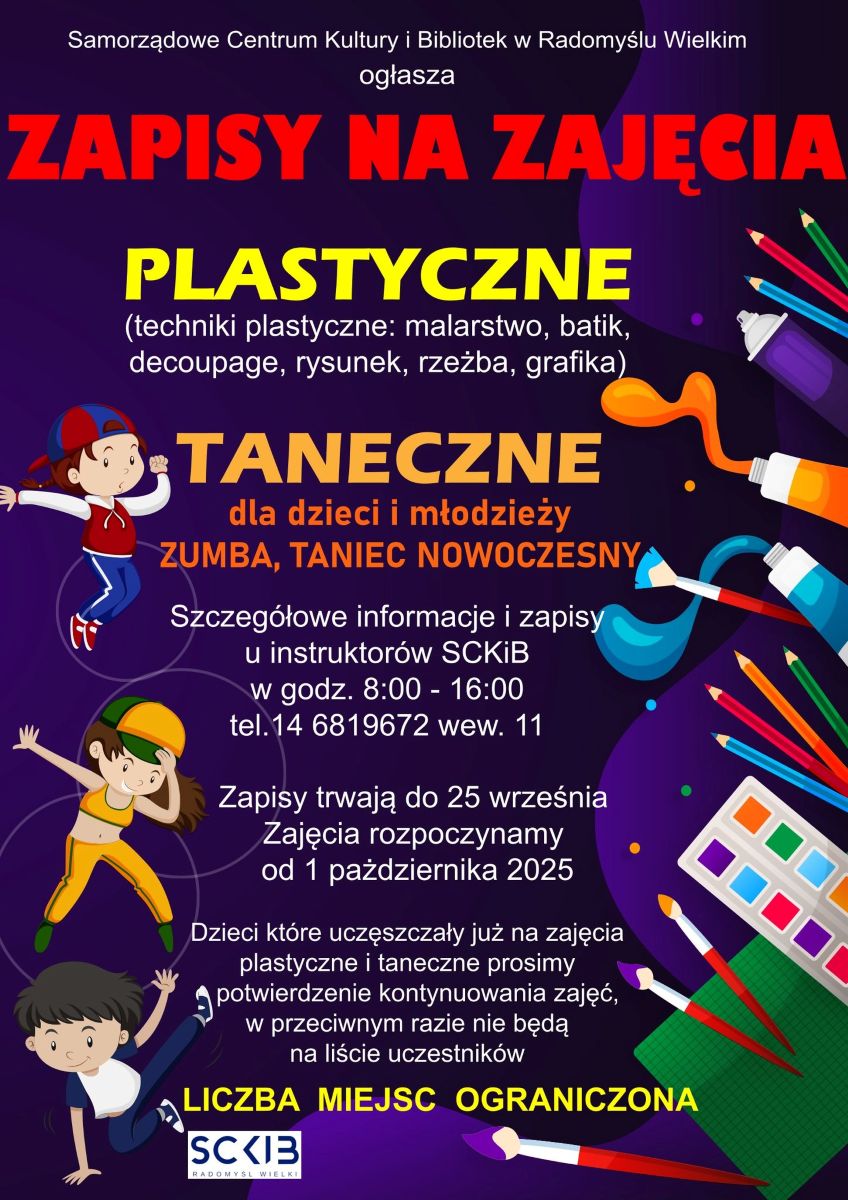 Plakat informujący o zapisach na zajęcia plastyczne i taneczne prowadzone w SCKiB Radomyśl Wielki w sezonie artystycznym 2025/2026.