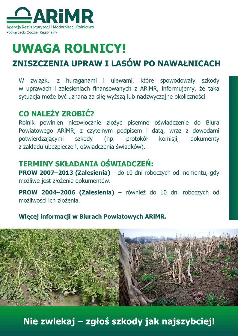 Plakat informujący rolników co należy zrobić w przypadku zniszczenia upraw przez huragany czy deszcz