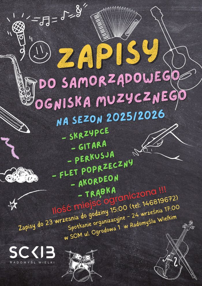 Plakat informujący o zapisach do Samorządowego Ogniska Muzycznego w Radomyślu Wielkim na sezon artystyczny 2025/2026
