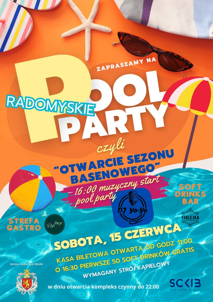 Plakat promujący Otwarcie Sezonu Basenowego 2024 na Gminnych Basenach Rekreacyjnych.