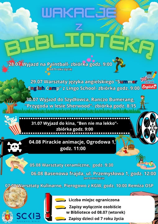 Plakat dotyczący naboru na zajęcia pt. Wakacje z biblioteką.