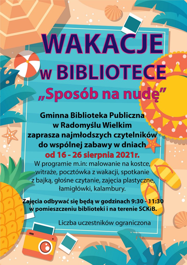 Plakat wakacje z biblioteką