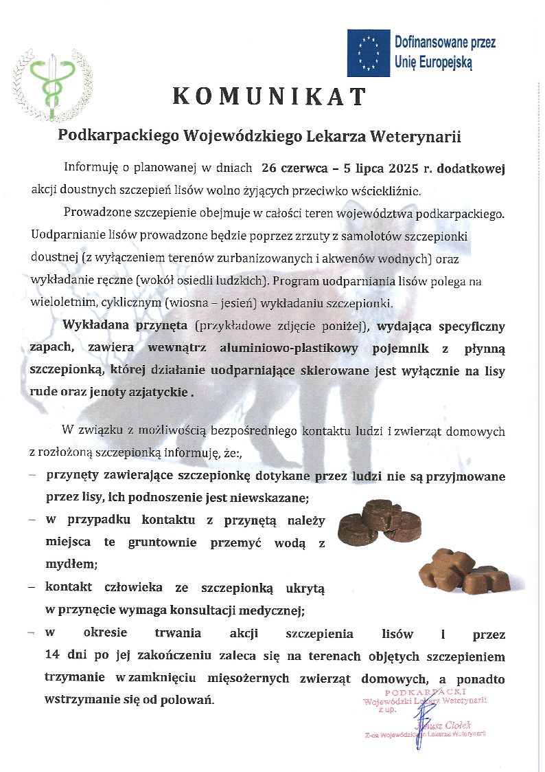 Komunikat Podkarpackiego Wojewódzkiego Lekarza Weterynarii w sprawie przeprowadzania ochronnych szczepień lisów wolno żyjących przeciwko wściekliźnie