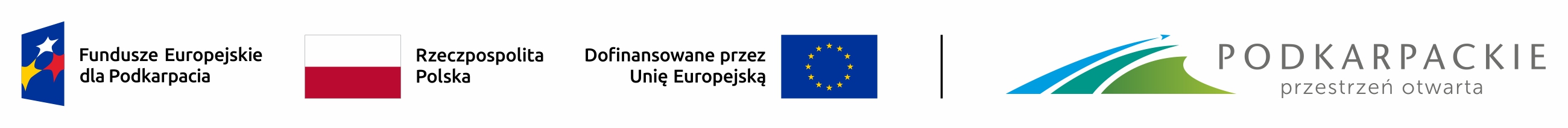 Logotypy programu Fundusze Europejskie dla Podkarpacia 2021-2027, Polski, dofinansowania przez Unie Europejską i Województwa Podkarpackiego 
