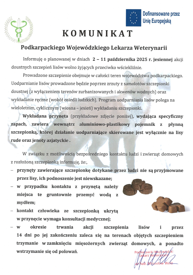 komunikat podkarpackiego wojewódzkiego lekarza weterynarii na temat doustnych szczepień lisów przeciwko wściekliznie