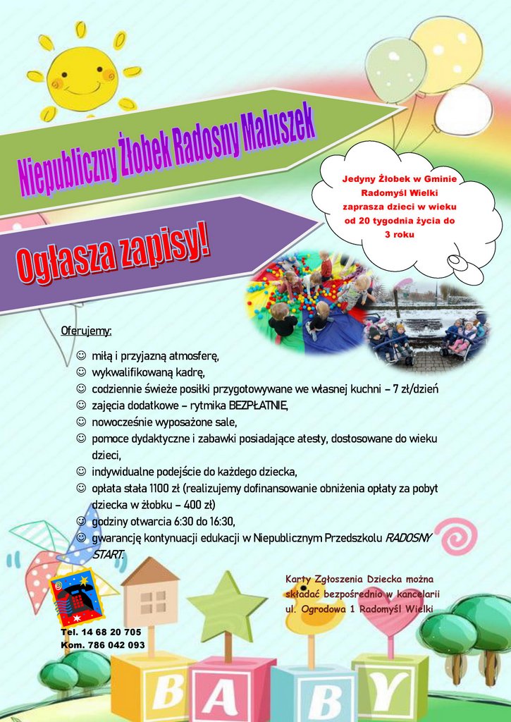 Plakat dotyczący naboru do żłobka w Radomyślu Wlk.
