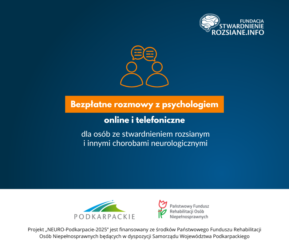 plakat dotyczący bezpłatnych rozmów z psychologiem dla osób ze stwardnieniem rozsianym i innymi chorobami neurologicznymi