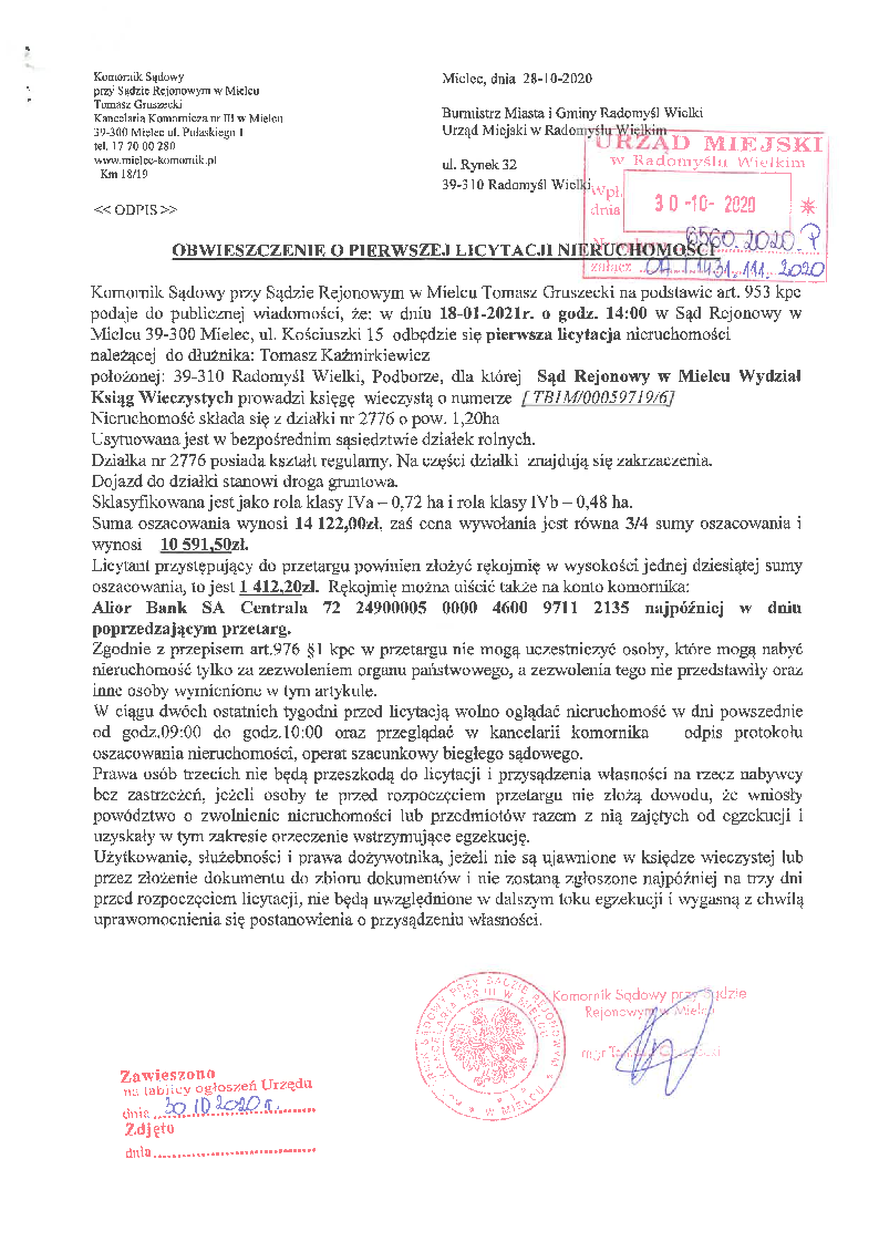 Obwieszczenie Komornika o pierwszej licytacji nieruchomości