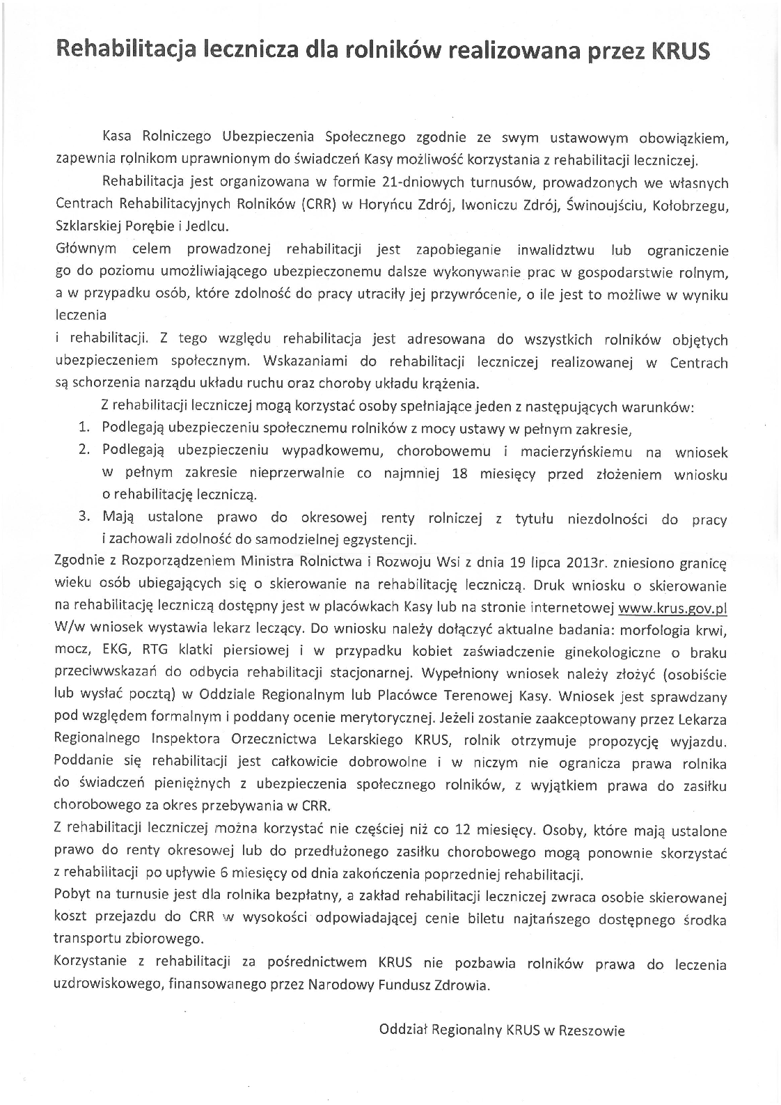 komunikat KRUS rehabilitacja lecznicza